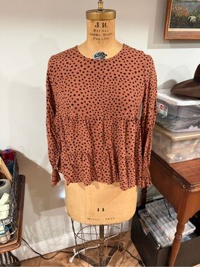 POPSUGAR Rust Polka Dot Long-Sleeve Peplum Top